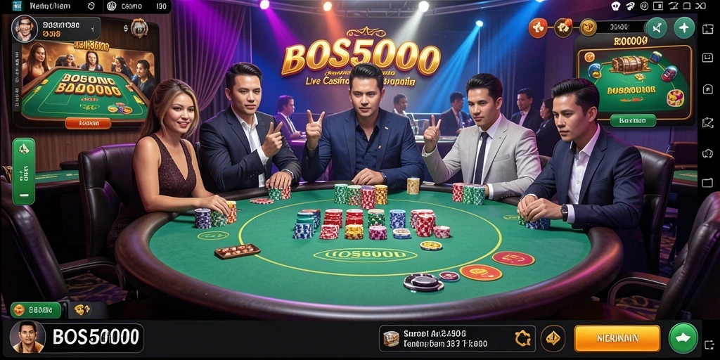 Screenshot gameplay BOS5000 yang menampilkan dealer dan meja permainan.