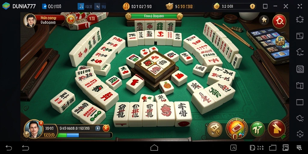 Menampilkan suasana permainan Mahjong yang menarik dan penuh tantangan.