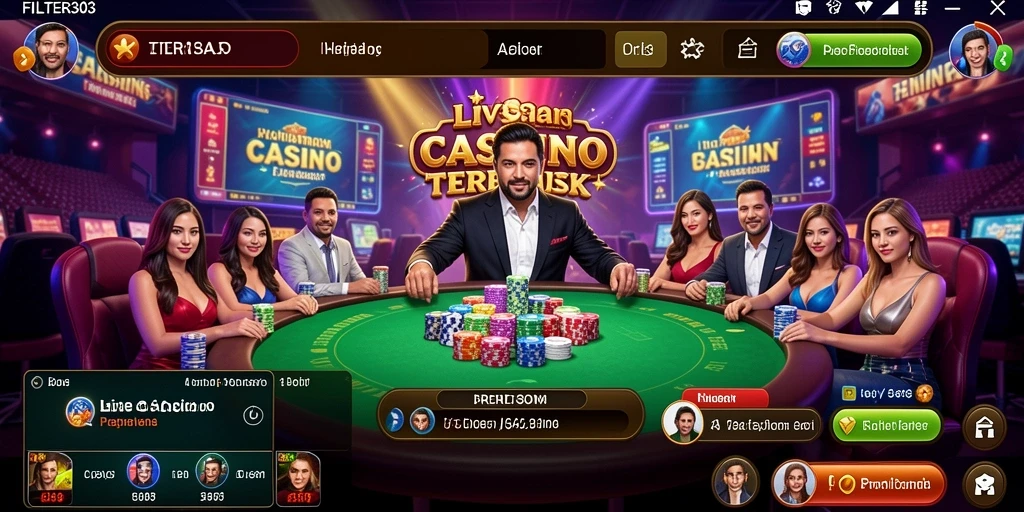 Screenshot utama FILTER303 menunjukkan dealer langsung dan suasana kasino yang realistis.