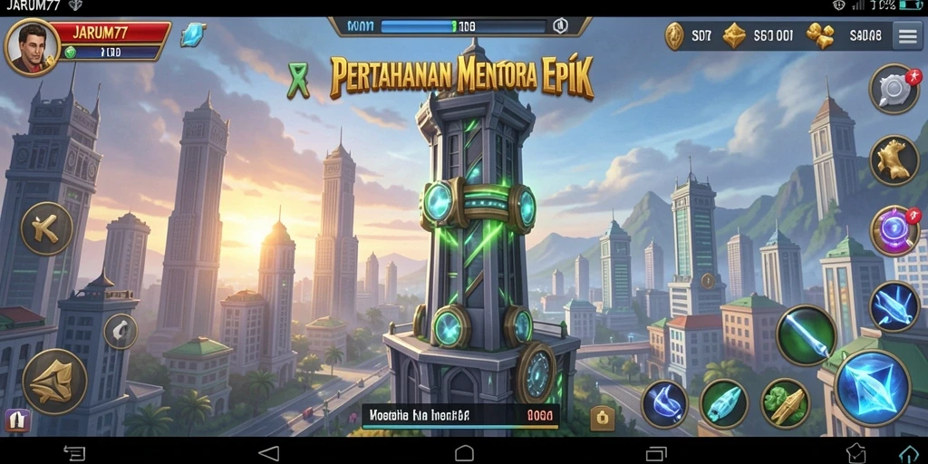 Tampilan gameplay menara pertahanan yang menegangkan di JARUM77.