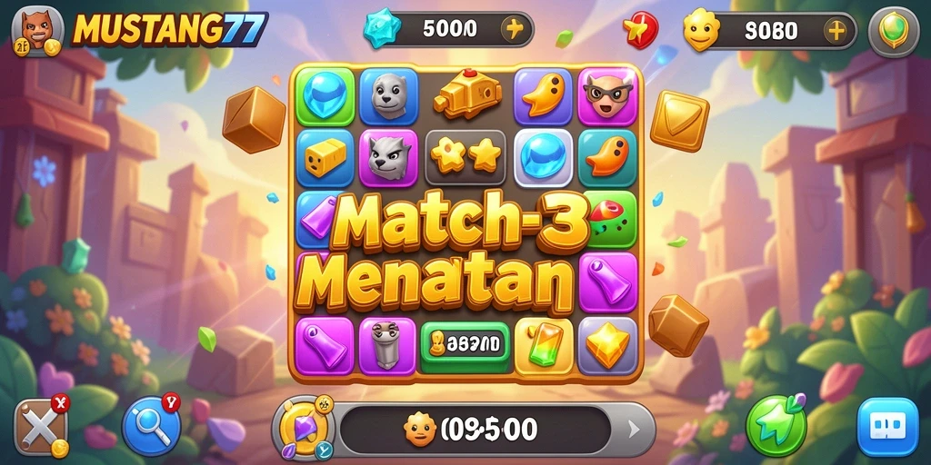 Gameplay seru dari MUSTANG77 dengan tantangan Match-3 yang menarik.