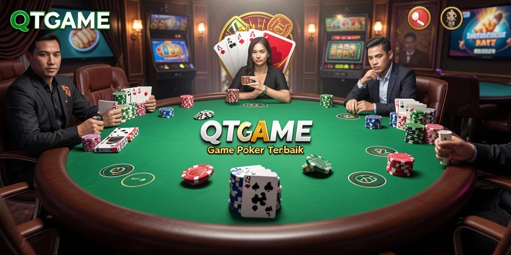 Tangkapan layar QTGAME menampilkan aksi permainan poker yang seru.